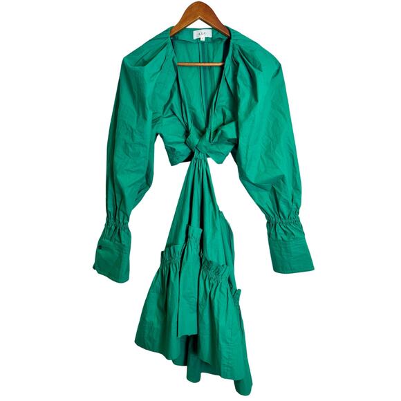 A.L.C. Alexa Cutout Ruffled Tiered Pleated Green Cotton Poplin Mini Dress Size 8 - Picture 6 of 12
